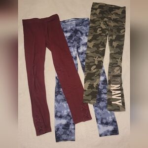 Old Navy Girl Large Leggings - Maroon, Blue Tie-Dye, Camo. Set lot of 3
